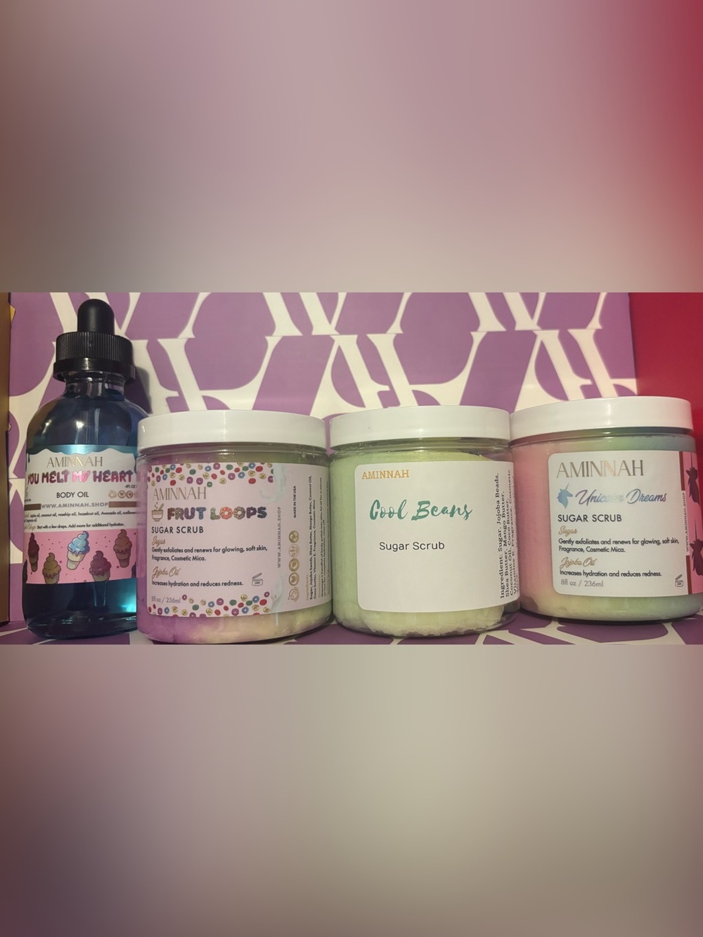 Aminnah sugar scrubs and body oil